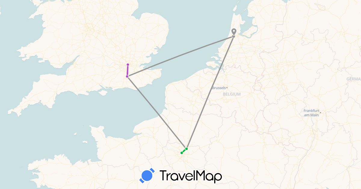 TravelMap itinerary: driving, bus, plane, train in France, United Kingdom, Netherlands (Europe)